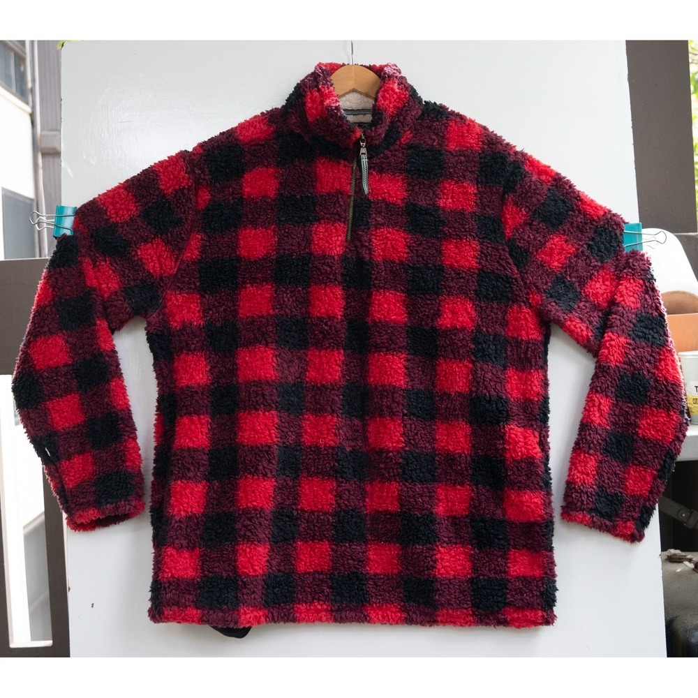 Cabin Fever‎ Ramatex Sherpa Quarter Zip Men's Red Buffalo Plaid Fleece Size XL G